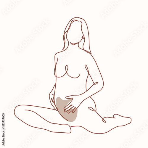Pregnant woman sitting holding her pregnant belly one line drawing. Pregnant woman sitting holding her pregnant belly single line illustration. Pregnant woman sitting holding her pregnant belly minima