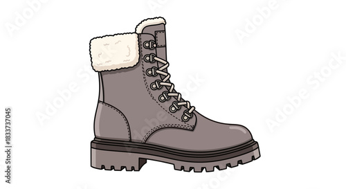 A single gray winter boot with white fur lining and laces.