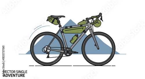 Adventure bicycle equipped for bikepacking with frame bags and saddlebags.