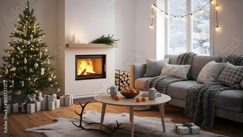 Wallpaper Mural Warm and inviting holiday living room scene, featuring a beautifully decorated Christmas tree, a crackling fireplace, and soft string lights for a perfect winter ambiance Torontodigital.ca