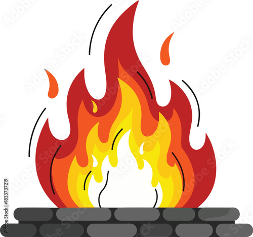 Vibrant stylized graphic illustration of a crackling fire with flickering orange and red flames on a simple brick base, perfect for conveying warmth, energy, and cozy atmosphere