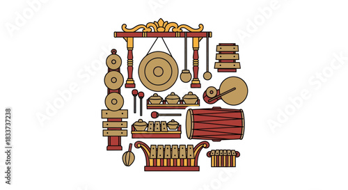 Traditional Indonesian Gamelan Musical Ensemble Instruments.