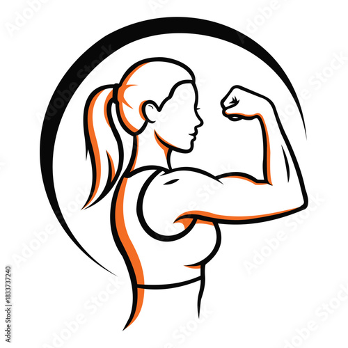 Line art illustration of a strong woman flexing her bicep muscle in profile, isolated on vector illustration