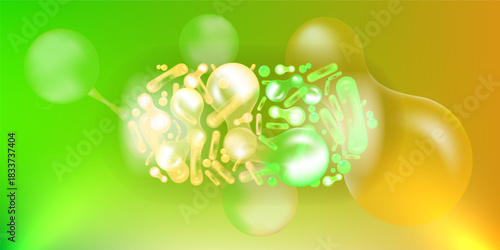 Probiotic and Hyaluronic acid skin solutions ad, green and gold collagen, and vitamin serum drops with cosmetic advertising background ready to use illustration vector.