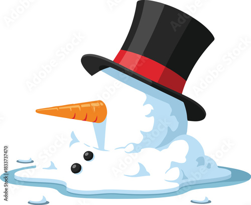 Charming cartoon illustration of a classic Christmas snowman wearing a black top hat and carrot nose, slowly melting into a puddle of water