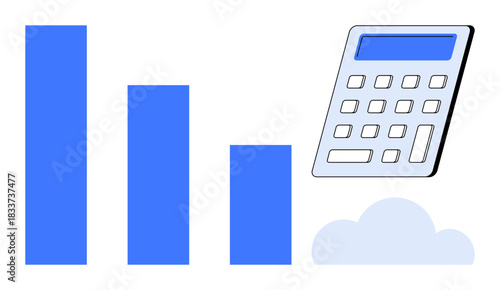 Business, finance, accounting, data analysis, cloud technology, digital tools. Bar graph with decreasing values, calculator small cloud. Business and finances concept highlighting digital tools