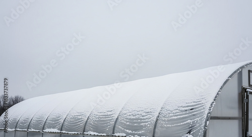 雪が積もった農業用ビニールハウスの外観・冬の農業・コピースペース