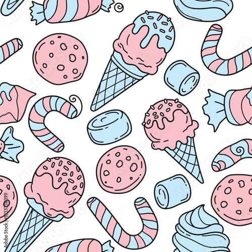 Two-color doodle set of candy canes ice creams marshmallows and cookies in cute simple style