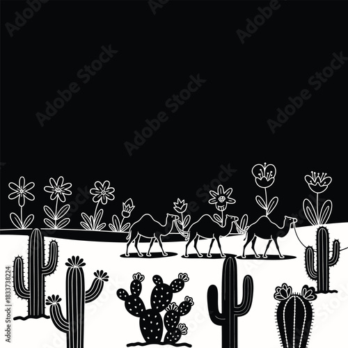 Two-color minimal doodle set of cacti camels and desert flowers in cute simple flat style