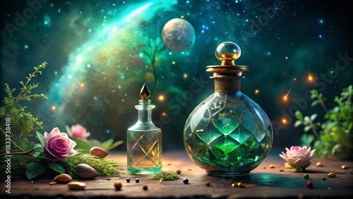Enchanted Elixirs Under a Celestial Canopy Mystical Potions and Glowing Herbs Rest on a Rustic Wooden Surface
