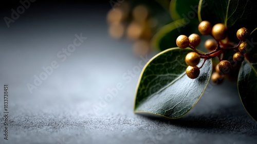 Close up view of a green leaf with golden berries on a textured gray surface