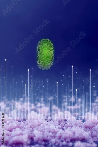 A glowing green fingerprint floats above a bed of pink clouds, with vertical lines and dots suggesting a digital network against a dark blue background. Futuris