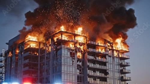 Burning high rise building with flames and smoke at dusk emergency vehicles below commercial use
