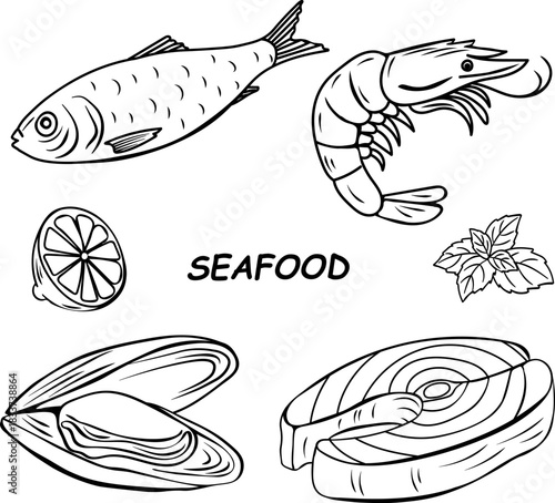 Hand drawn Mediterranean seafood set with sardine ,steak ,shrimp, mussel, tuna lemon and herb accents. Italian Lunch, dinner doodle icons. Menu, packaging, recipe books, healthy Mediterranean cuisine 