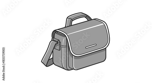 Gray Camera Bag with Handle and Shoulder Strap Isometric View.