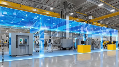 Modern industrial workspace showcasing advanced machinery and technology, with a dynamic camera movement revealing the scene's depth and innovation