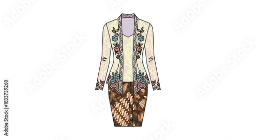 Traditional Indonesian Kebaya and Batik Skirt Outfit Illustration.
