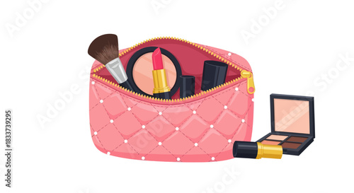 Quilted Pink Makeup Bag Overflowing with Cosmetics and Accessories.