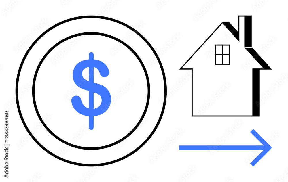 Obraz premium Real estate, financial transactions, homeownership, investments, economy, property management. A dollar symbol next to a house with an arrow. Real estate and financial transactions concept