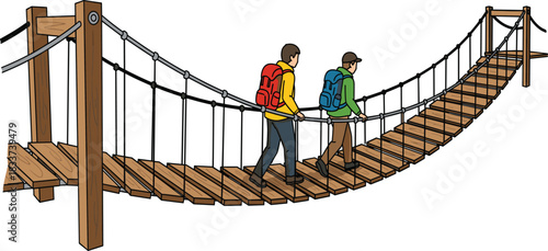 Hikers crossing curved rope suspension bridge