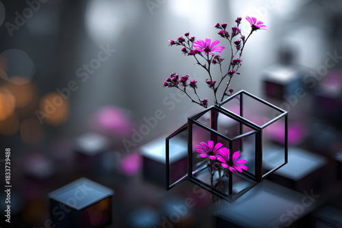 Wallpaper Mural Futuristische 3D-Szene mit Glaskubus und leuchtenden pinken Blumen
 Torontodigital.ca