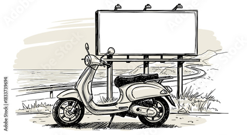 An elegant hand-drawn sketch depicts a classic scooter parked along a winding coastal road next to a prominent blank advertising billboard.