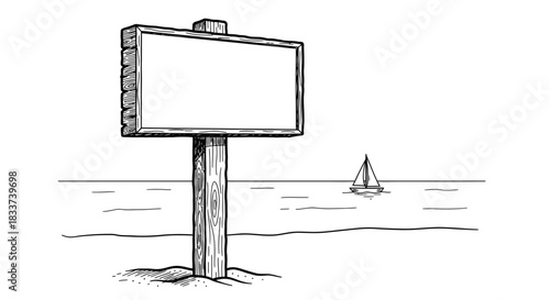 A hand-drawn sketch illustrates a blank wooden signpost on a tranquil beach, offering a customizable space for text, with a sailboat on the distant ocean.