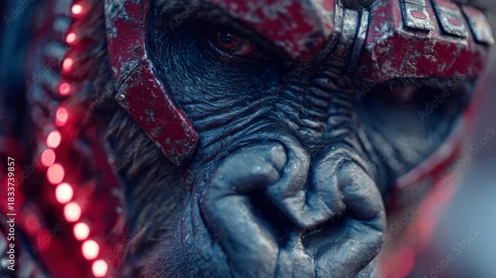 Fototapeta premium A close-up of a gorilla with a futuristic red and metallic helmet, featuring glowing lights and detailed textures, evoking a sci-fi warrior theme.
