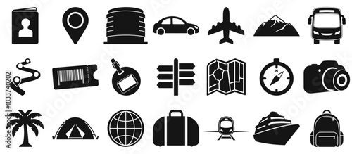 Collection of black silhouette travel and vacation icons representing transportation accommodation and navigation elements