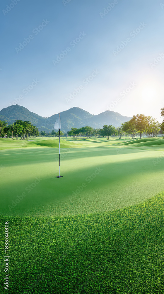 Obraz premium Serene golf course landscape showcases lush green grass and flag gently waving in breeze. mountains in background create stunning backdrop for perfect day of golf