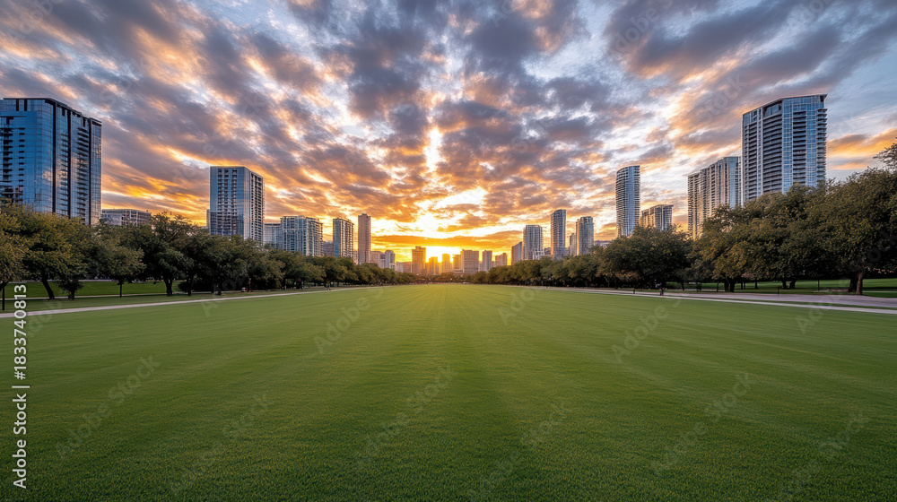 Obraz premium Sunset skyline park field reflection evening sky clouds