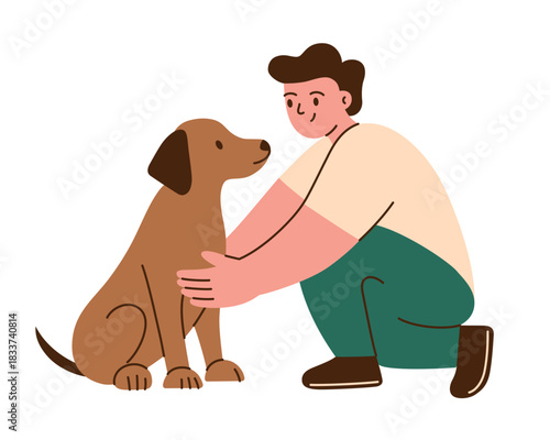 Vector illustration in flat cartoon style with man and large brown dog sitting together, friendly pet interaction, owner bonding scene for animal care themes, warm communication