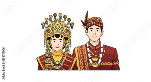 Indonesian Traditional Wedding Couple in Ornate Golden Attire Illustration.
