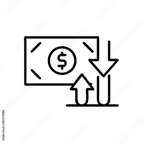 Money bill with arrows representing income and expenses concept of budgeting  
