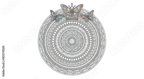 Intricate Circular Mandala Design with Three Butterflies Adorning the Top.