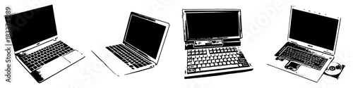 Black and White Laptop Silhouette Vector Ideal for work, digital device, computer, and simple tech graphics. Symbolizes simple computer, work, technology, and portable screen.