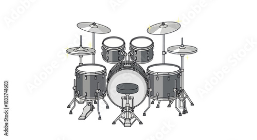 Detailed Black and White Drum Kit Illustration.