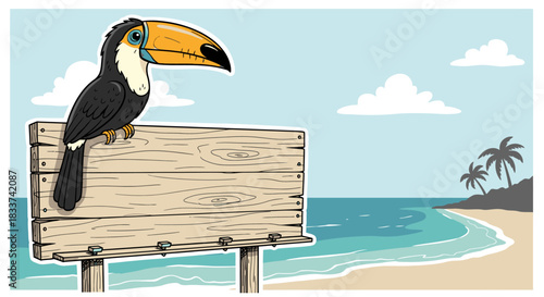 A colorful toucan sits on a blank wooden sign, offering copy space, against a tropical beach with palm trees and ocean, perfect for travel promotions.