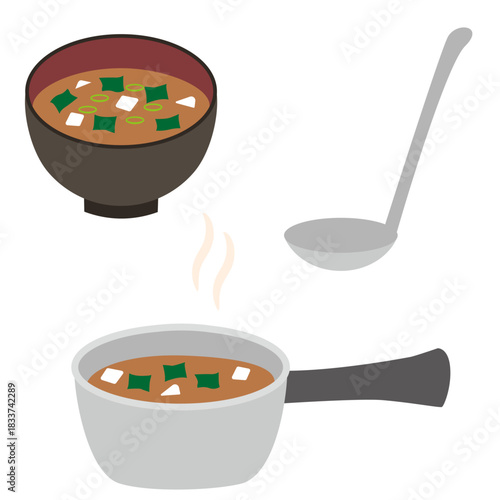 家庭料理の味噌汁と鍋、お椀、おたまのイラスト素材セット