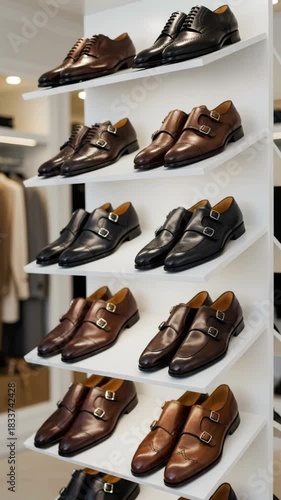 Display of formal shoes on shelf, vertical shot