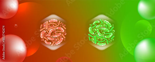 Probiotic and Hyaluronic acid skin solutions ad, red and green collagen, and vitamin serum drops with cosmetic advertising background ready to use illustration vector.