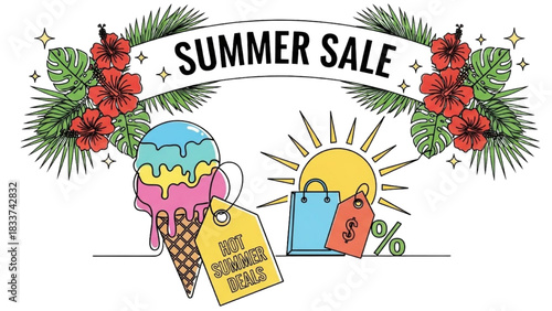 Continuous colorful line art of melting ice cream on price tag, shopping icons with sun, hibiscus and palm summer sale illustration
