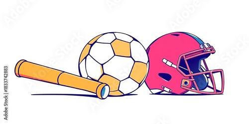 Energetic line drawing of basketball, baseball bat, soccer ball, and football helmet  ,  design,   sports equipment