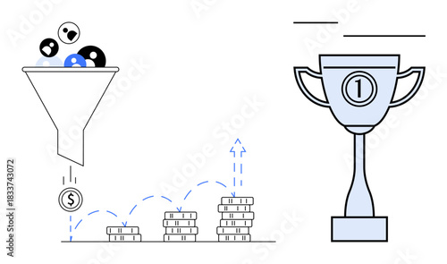 Sales funnel concept. Sales funnel filtering leads and generating revenue with coins and trophy. Sales funnel boosting business success and driving sales. For marketing, e-commerce, financial growth