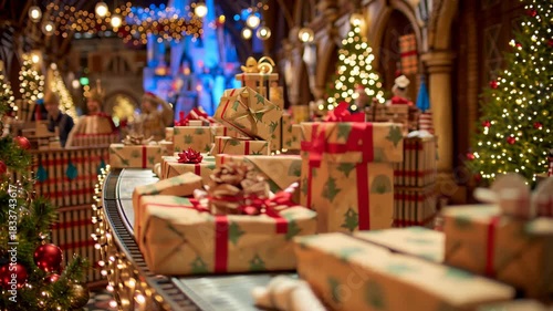 Festive christmas sale presents on a miniature train track conveyor belt, illuminated by warm bokeh lights and a decorated christmas tree, symbolizing holiday joy and tradition