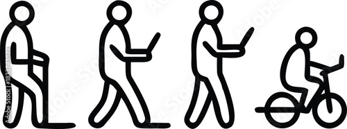 Stylized figures of a person with a cane, two people walking with laptops, and a person cycling