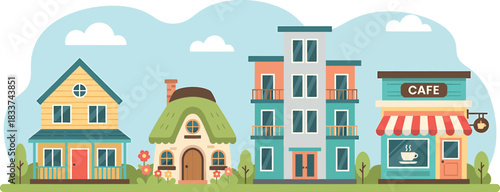 Vibrant illustrated urban streetscape depicting a charming blend of traditional houses, a cozy cafe, and a contemporary apartment building, creating an inviting neighborhood scene