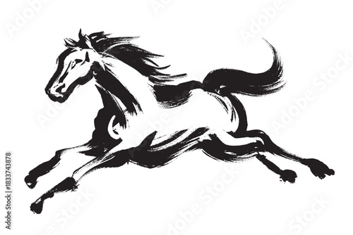 筆で描いたダイナミックに走る馬のモノクロイラスト