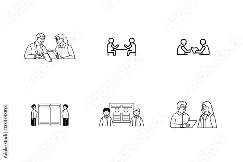 Set of Line Art Icons Illustrating Business Meetings and Collaboration people woman