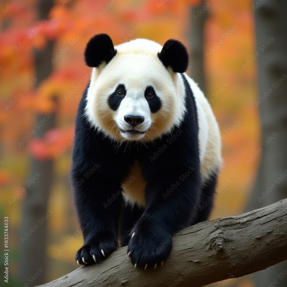 Fototapeta premium Giant panda sitting on a tree branch in autumn forest